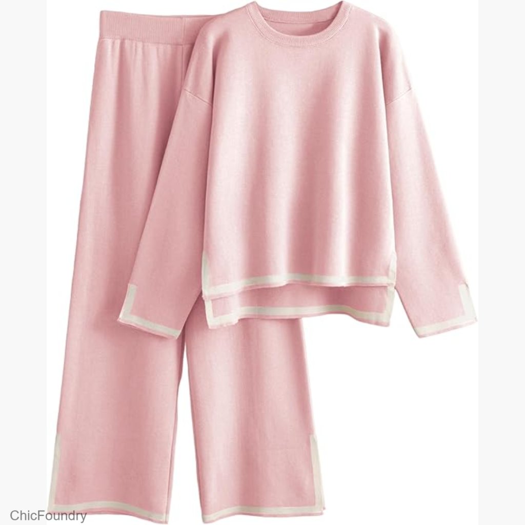 Long Sleeve Knit Sweater Top And Wide Leg Pants Lounge Set